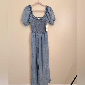bohme Light Blue Wide Leg Jumpsuit with Puff Sleeves